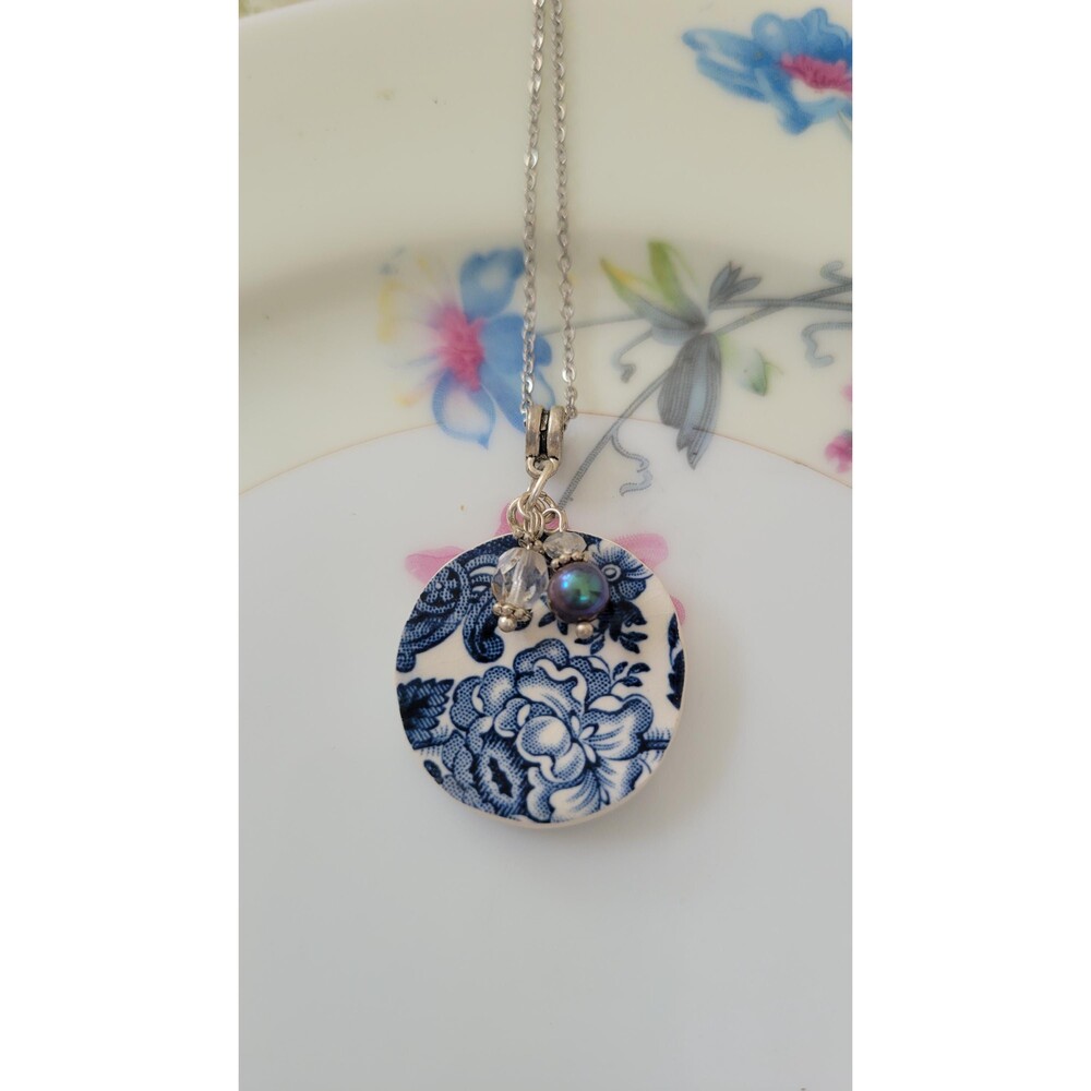 Handcrafted Broken China Necklace Royal Staffordshire Blue Tonquin Clarice Cliff